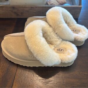 UGG Cream and Tan Shearling Platform Slippers